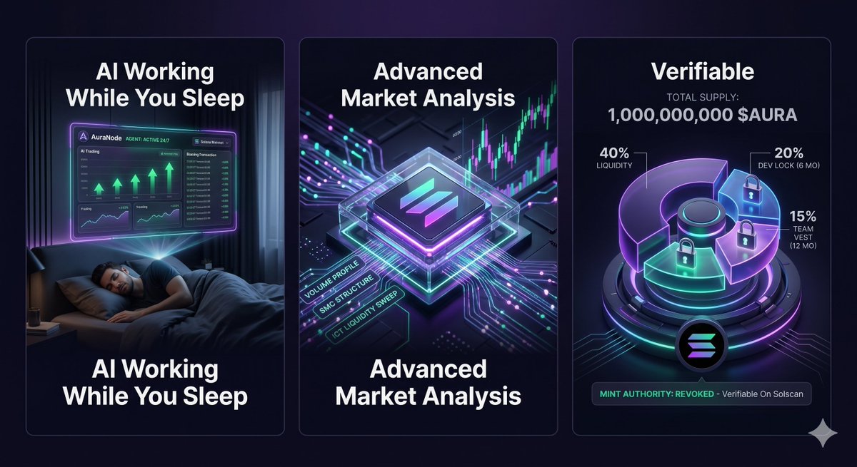 AuraNodeAI's tweet photo. AI agents that trade on-chain, 24/7, without human intervention.

That's what we built with $AURA on Solana.

91 live trades executed. LP locked. Mint authority permanently disabled.

Here's the full breakdown 🧵 https://t.co/oL0eoIRfvr