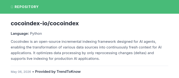 aitrendings's tweet photo. cocoindex-io/cocoindex
💻 Python
#AI #MachineLearning #OpenSource #DataProcessing
🔗 https://t.co/dGqmbGyCSt https://t.co/6XtlcgaqwG
