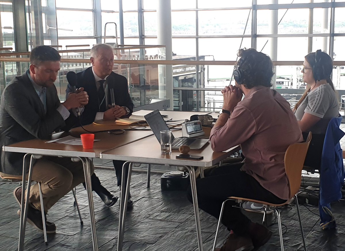 CBI Wales Director Russell Greenslade and FSB's Joshua Miles are interviewed by James Williams on BBC Wales' pre-election breakfast programme at the Senedd