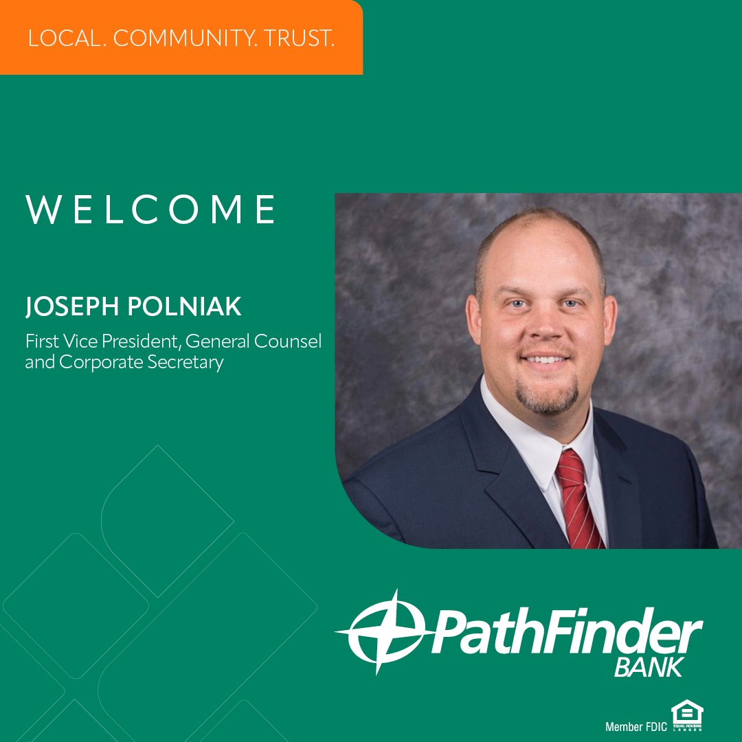 PathfinderBank's tweet photo. Please join us in welcoming Joseph Polniak to Pathfinder Bank as our new First Vice President, General Counsel &amp; Corporate Secretary.

You can read the full announcement here: https://t.co/1hEZGy9HxM

We’re excited to have him on board! Welcome to the team, Joe 👏 https://t.co/Ig9QnmSreh