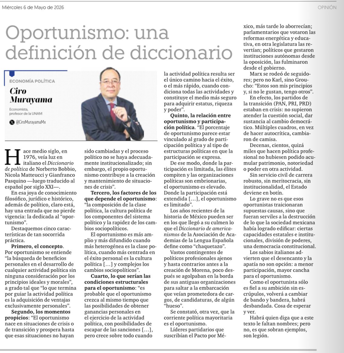 CiroMurayamaMx's tweet photo. El diccionario de política define el concepto de "oportunismo".

Esa práctica llegó al extremo los últimos años en México: políticos de PAN, PRI y PRD reconvertidos a Morena.

Llegado el momento, también abandonarán ese barco.

Mi texto en @ElFinanciero_Mx
https://t.co/p3QpbLc4Ig https://t.co/L73hE7gQOT