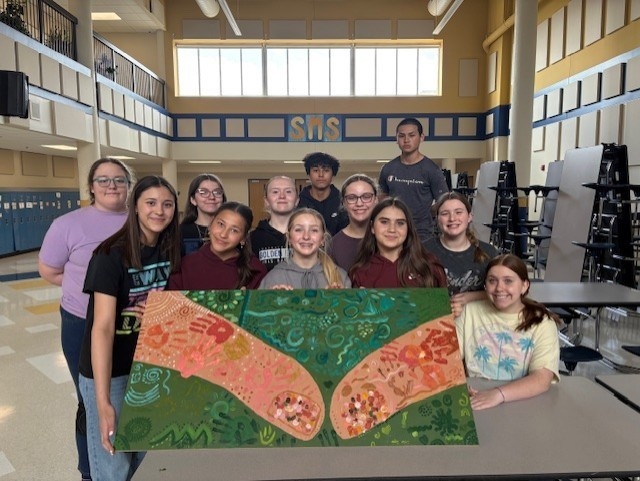 AberdeenSMS's tweet photo. SMS Golden Crew teamed up with Leadership Aberdeen to complete a portion of a mural to be displayed at the public library.  The mural calls to attention the issue of homelessness and the displaced in the community. https://t.co/WzdrcfWXN4
