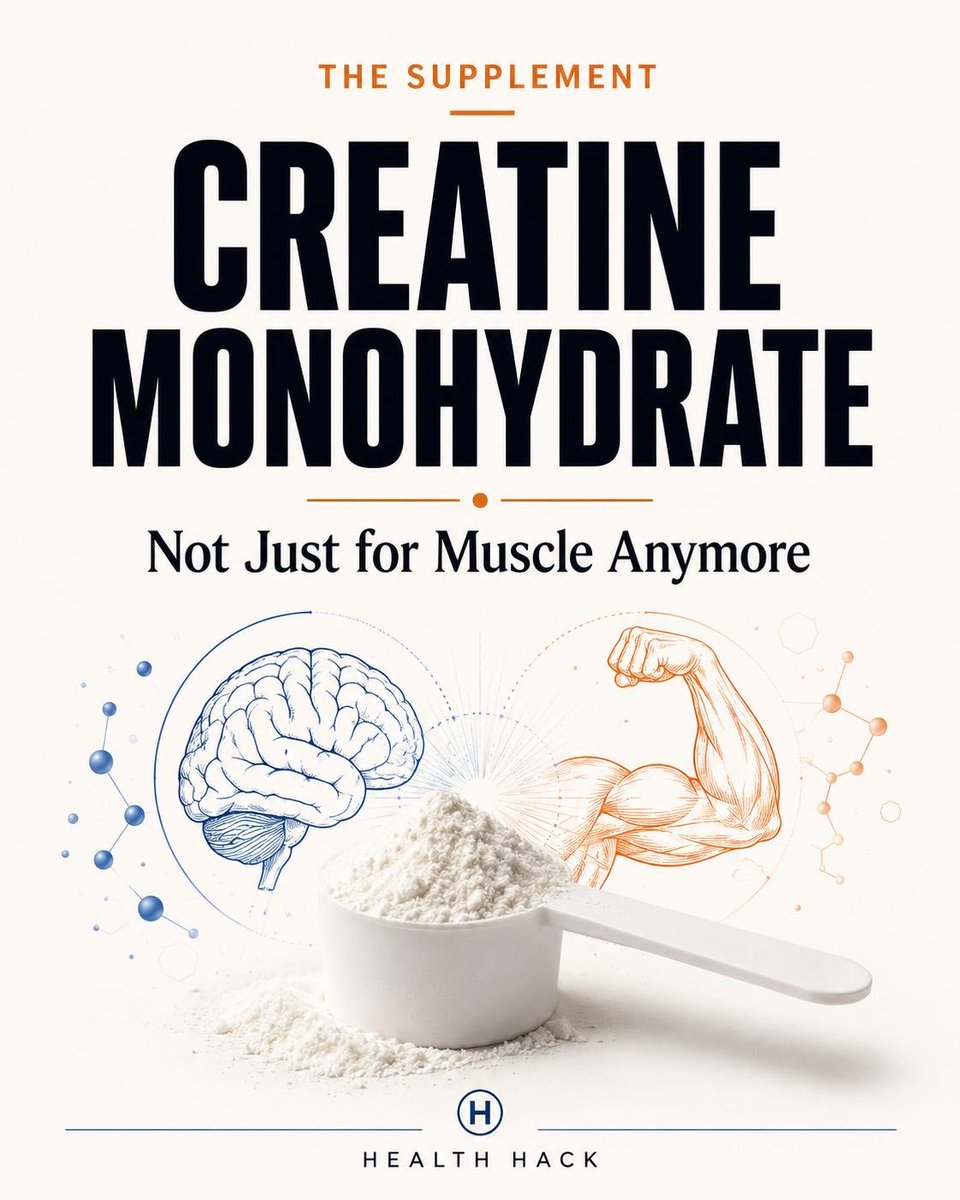 HealthHackNews's tweet photo. Creatine is not just a “gym supplement.”
It supports ATP regeneration through the phosphocreatine system – a fast energy buffer for high-demand moments.
Muscles use it.
The brain may benefit too, especially under fatigue or stress.
#Creatine #CreatineMonohydrate #Supplements #HealthHack #BrainHealth #Fitness #Longevity #Performance #Healthspan