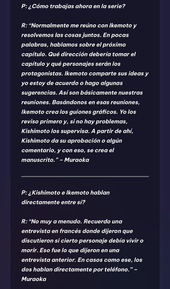 Code_VI_'s tweet photo. @Maguixx77 @lunadarciel En la entrevista que este año le hicieron a los editores del manga, se menciona  que Ikemoto y Kishimoto hablan en casos como decidir si matar a un personaje o no, bajo esa lógica dar paso al time skip es una decisión igual de importante que ambos debieron discutir y decidir. https://t.co/0TKlDg4Hyf