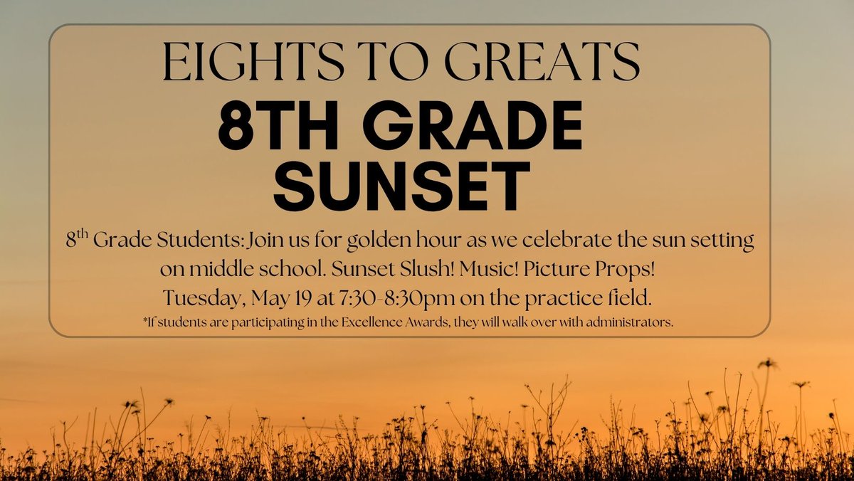 PiedmontMSNC's tweet photo. Save the Date: ๐
๐พ The Sun is Setting on 8th Gradeโฆ ๐พ๐
๐
Tuesday, May 19
โฐ 7:30โ8:30 PM
๐ Practice Field
@UCPSNC @AGHoulihan
#PantherPride #PDMSPanthers #PantherStrong #EighthsToGreats #ClassOf202X #MakingMemories ๐
โจ https://t.co/56Ib7Qipag