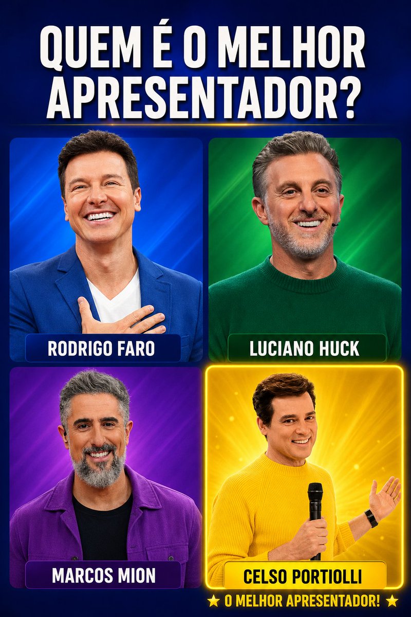 Cada um tem seu estilo e público fiel. Na imagem aparecem nomes fortes da TV brasileira:

1 - Rodrigo Faro 
2 - Luciano Huck
3 - Marcos Mion 
4 - Celso Portiolli 

E pra você, quem leva esse título?