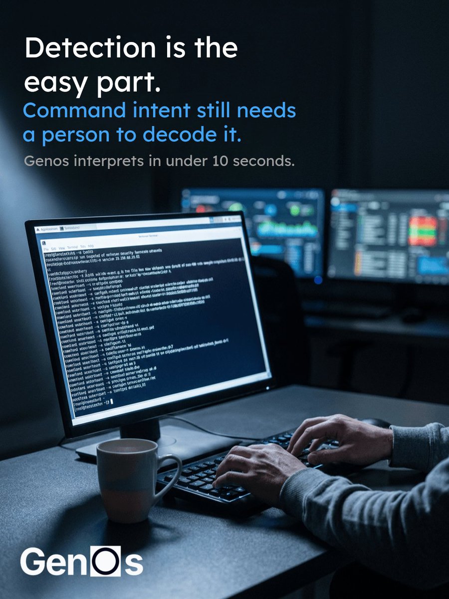 genossecurity's tweet photo. Over 10,000 alerts hit SOCs daily—most need manual decoding of command intent. Genos changes that by interpreting commands in under 10 seconds. Turn alerts into fast, confident decisions without adding tools. https://t.co/vuU8QBFyQs