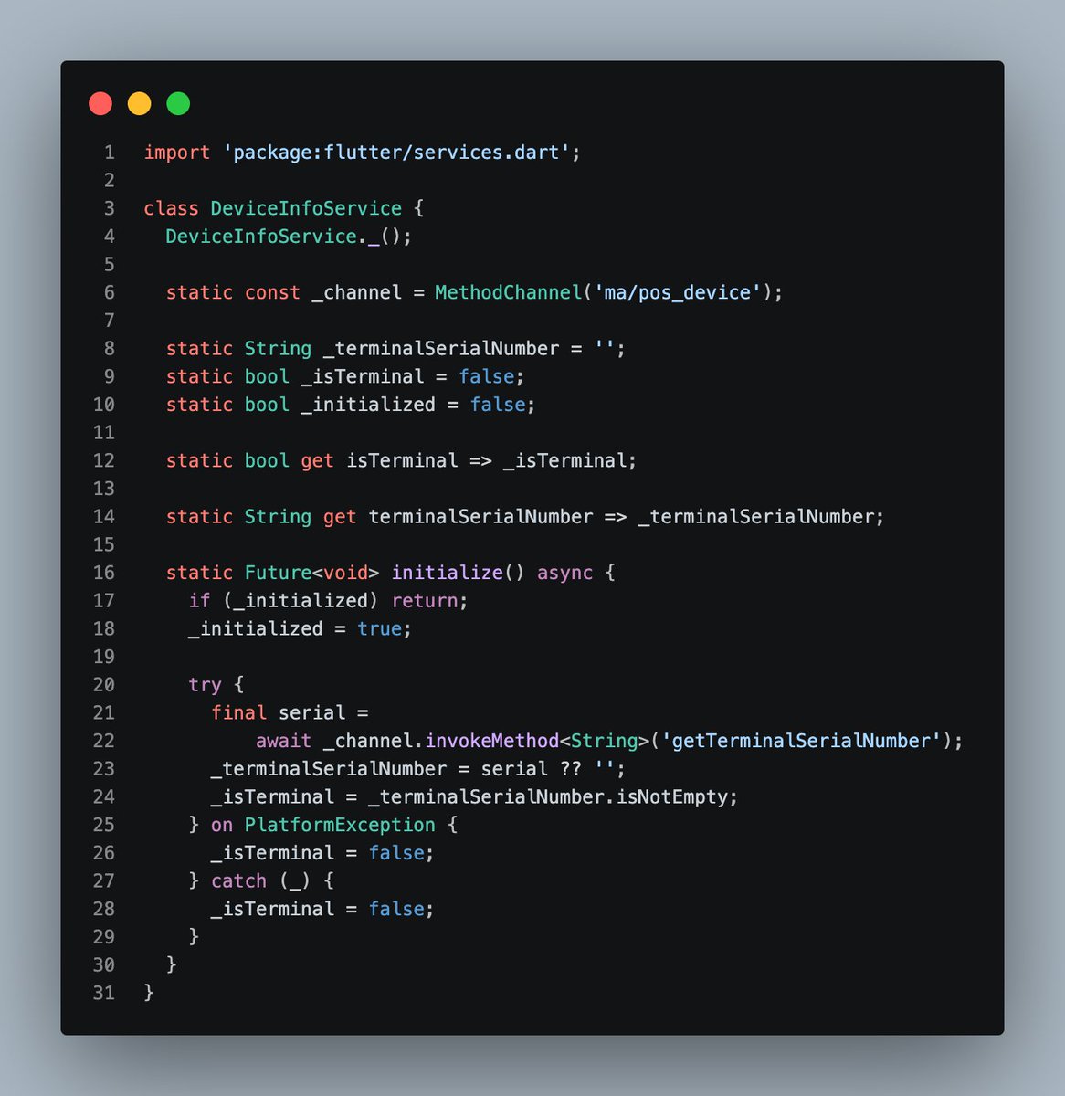 _MujinPark's tweet photo. Stop checking hardware types directly inside your Widgets.

If your app runs on both regular mobile devices and specialised hardware (POS terminals, scanners, kiosks, etc.), you need a single source of truth for native communication.

I usually abstract the MethodChannel logic into a DeviceInfoService.

That gives me:
- one-time device initialisation
- cleaner UI logic
- safer platform handling
- fewer redundant native calls
Your UI shouldn’t care how a serial number is retrieved or why a device is a terminal.
The UI stays dumb.
The service layer stays smart.
That separation saves a lot of pain as apps scale.