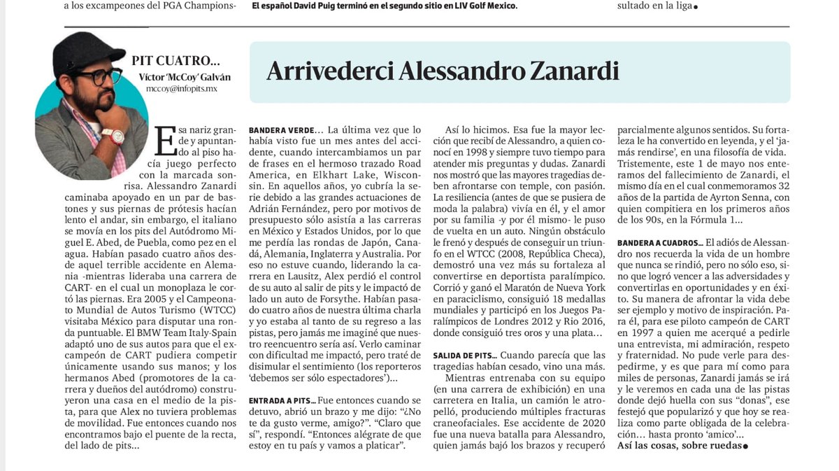 McCoyPresenta's tweet photo. En el periódico @LaCronicaDeHoy estrenamos diseño. Les dejo mi columna #PitCuatro ya con la nueva imagen y un recuerdo al gran Alessandro Zanardi. Un texto hecho con mucho cariño y admiración... Me cuentan... #F1 https://t.co/B70LkPvPEy