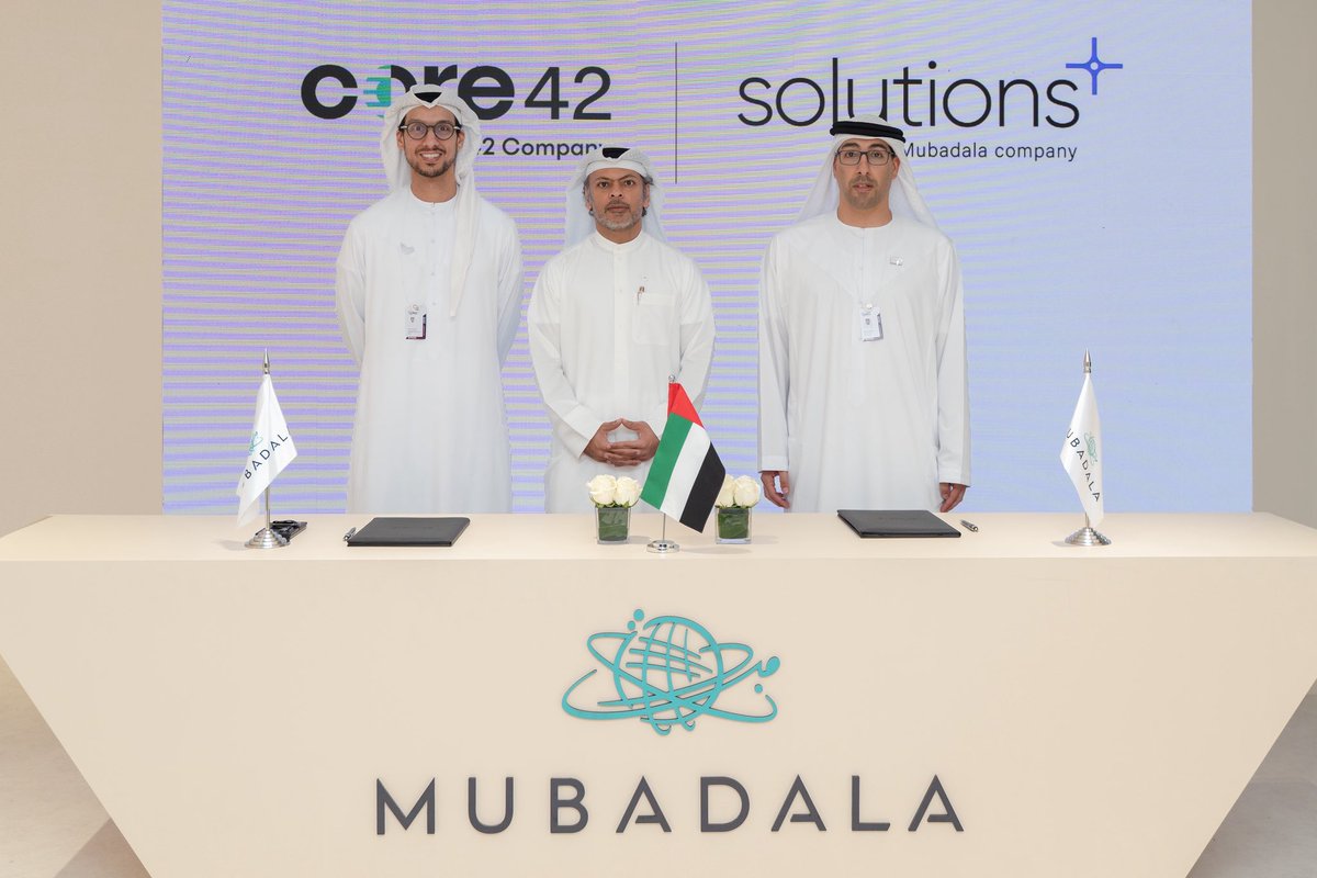 ADMediaOffice's tweet photo. .@core42_ai, part of @G42ai, and @solutionsplusae have formalised a strategic partnership, at @MIITEUAE, to establish a structured framework for delivering secure, scalable cloud, data and AI infrastructure services across @Mubadala and Abu Dhabi government entities. https://t.co/RQrOXsBWj6