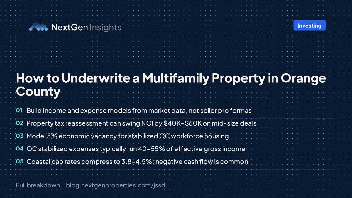 nextgenprops's tweet photo. OC multifamily underwriting isn't just spreadsheet math 📊

Prop 13 reassessment + compressed cap rates = different game entirely

Sharing our exact process for evaluating deals in Orange County's unique market

https://t.co/kxpwkyxHf9

#NextGenProperties #OCRealEstate #MultifamilyInvesting