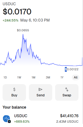 JonDeAnon's tweet photo. Woah! $USDUC is ripping, my port got 8x'd from yesterday. Send it to ATH with haste! 

Entered it back when it was 1.7M, DCA'd up huge, rode all the way up to ATH of 80M.
But didnt sell a single token when it retraced and bottomed at 1M. 

Not going to sell until billions get Unstabled. 

Congratulations and Great going USDUC team and community. You guys are an inspiration always. @usduc_official 
Since I CTO'd $PFF, I have been dedicating all my time to it, however taking inspiration from USDUC community always. 

Enter early and hodl conviction plays has been my strategy and it worked well for me. 
I will be doing the same at $PFF as well which is my only other crypto holding, it deserves Valhalla. 

Till Valhalla! ⚔️