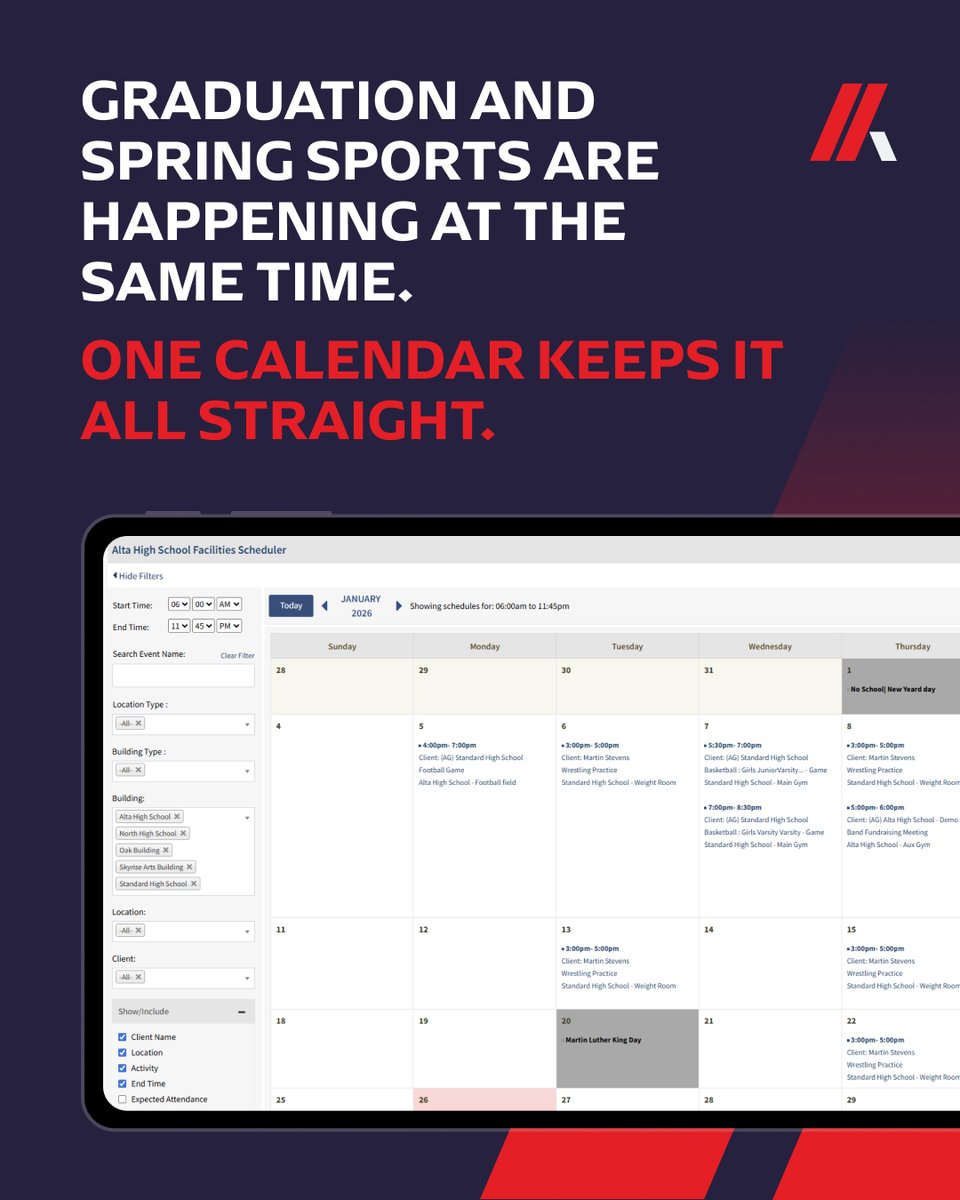 ArbiterSports's tweet photo. Graduation rehearsals. Track meets. Softball regionals.

All in the same week. All needing the same spaces.

Arbiter Facilities Scheduler keeps it sorted.

https://t.co/xb2savboTZ #Arbiter #K12Admin https://t.co/WvpgTc06Px