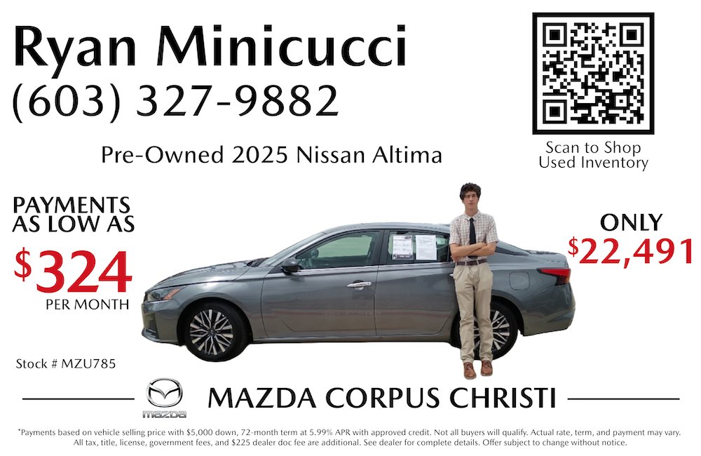 MazdaCC's tweet photo. Your daily driver just got an upgrade 👀

2025 Nissan Altima
Clean, comfortable, and priced right.

💰 $324/month
💰 $22,491

Ryan’s got you covered.
📍 Mazda Corpus Christi https://t.co/IxQybJgzK1