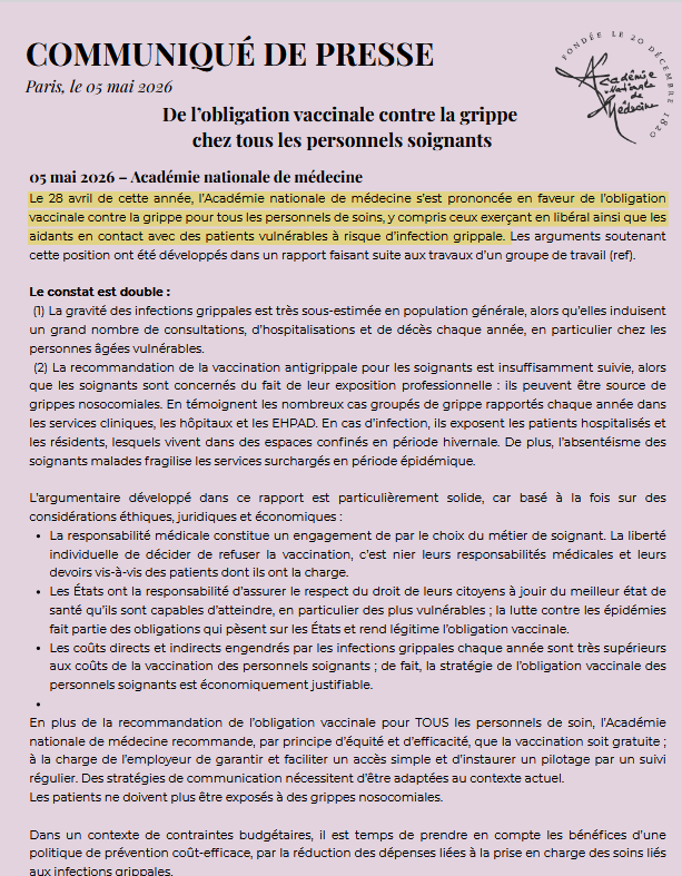 nicolasberrod's tweet photo. 💉 L'Académie de médecine s'était déjà prononcée pour rendre la vaccination #grippe obligatoire pour les soignants travaillant à l'hôpital et en Ehpad, elle plaide désormais pour la vaccination obligatoire de TOUS les soignants (y compris ceux libéraux) et des aidants.

1/3