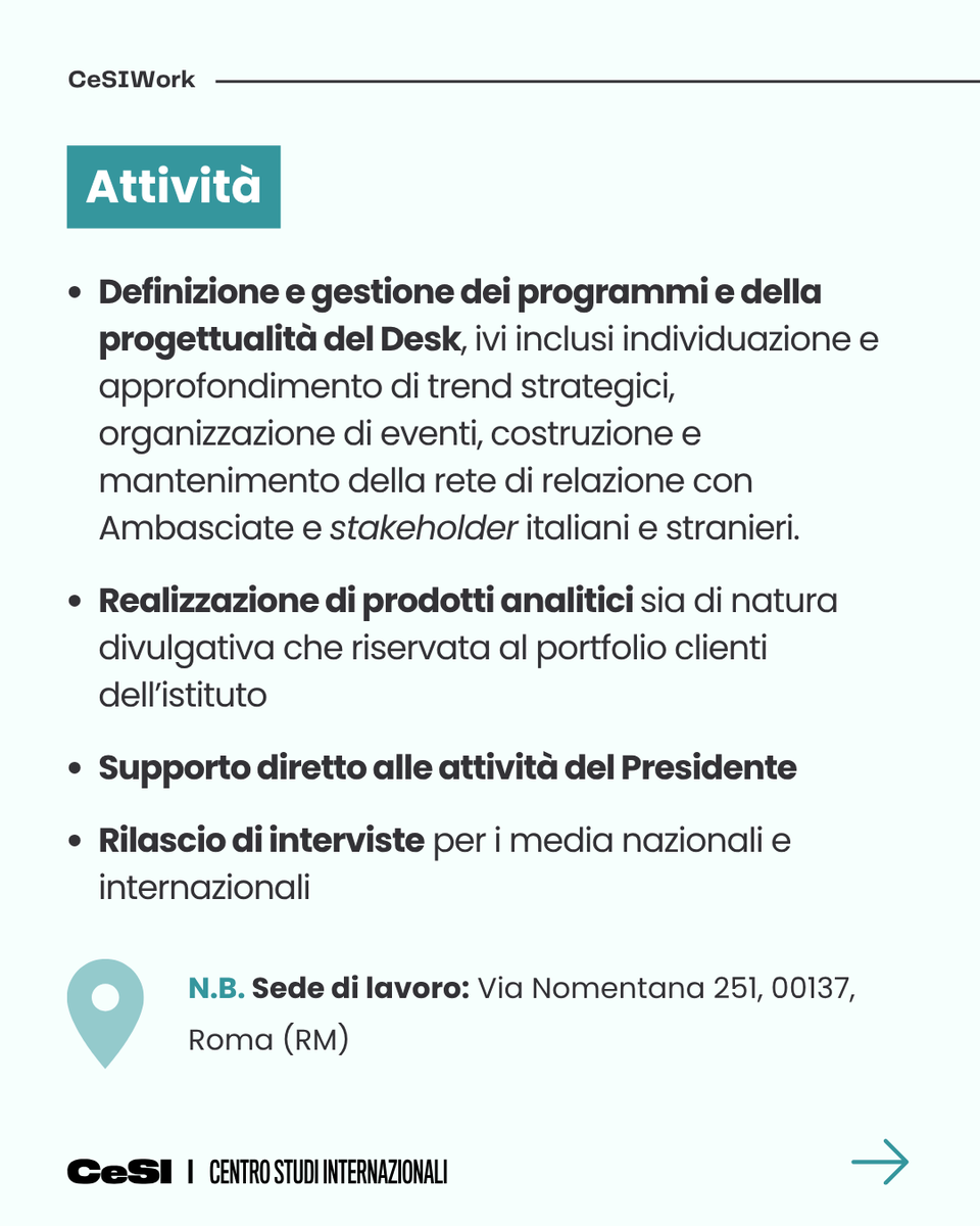 CentroStudiInt's tweet photo. #CeSIWork - Il Centro Studi Internazionali ricerca una figura da inserire nel Desk Difesa &amp; Sicurezza come Analista Senior.

Full-time | Disponibilità immediata | Roma

Tutte le informazioni sono disponibili sul nostro sito nella sezione "Lavora con noi": https://t.co/o6CKcIqKxc. https://t.co/a5S9ILjdcm