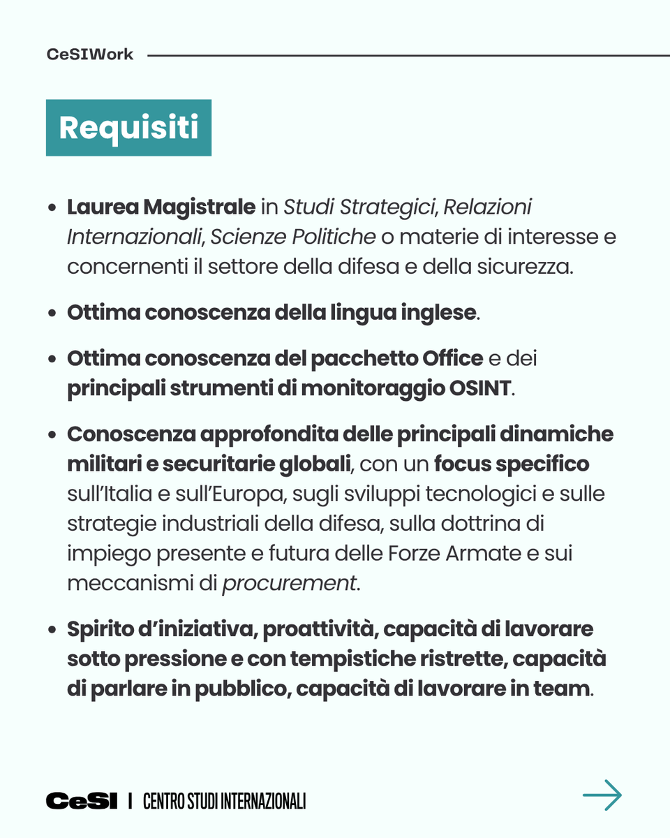 CentroStudiInt's tweet photo. #CeSIWork - Il Centro Studi Internazionali ricerca una figura da inserire nel Desk Difesa &amp; Sicurezza come Analista Senior.

Full-time | Disponibilità immediata | Roma

Tutte le informazioni sono disponibili sul nostro sito nella sezione "Lavora con noi": https://t.co/o6CKcIqKxc. https://t.co/a5S9ILjdcm