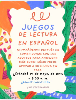 FHGES's tweet photo. Following the Donuts with Grownups event, Spanish-speaking families are invited to come to Ms. Conley’s classroom to learn how to support your children at home through fun, engaging literacy games in Spanish. Please bring your child with you from 8:45–9:30 for the fun! https://t.co/EtJTcSlCXw