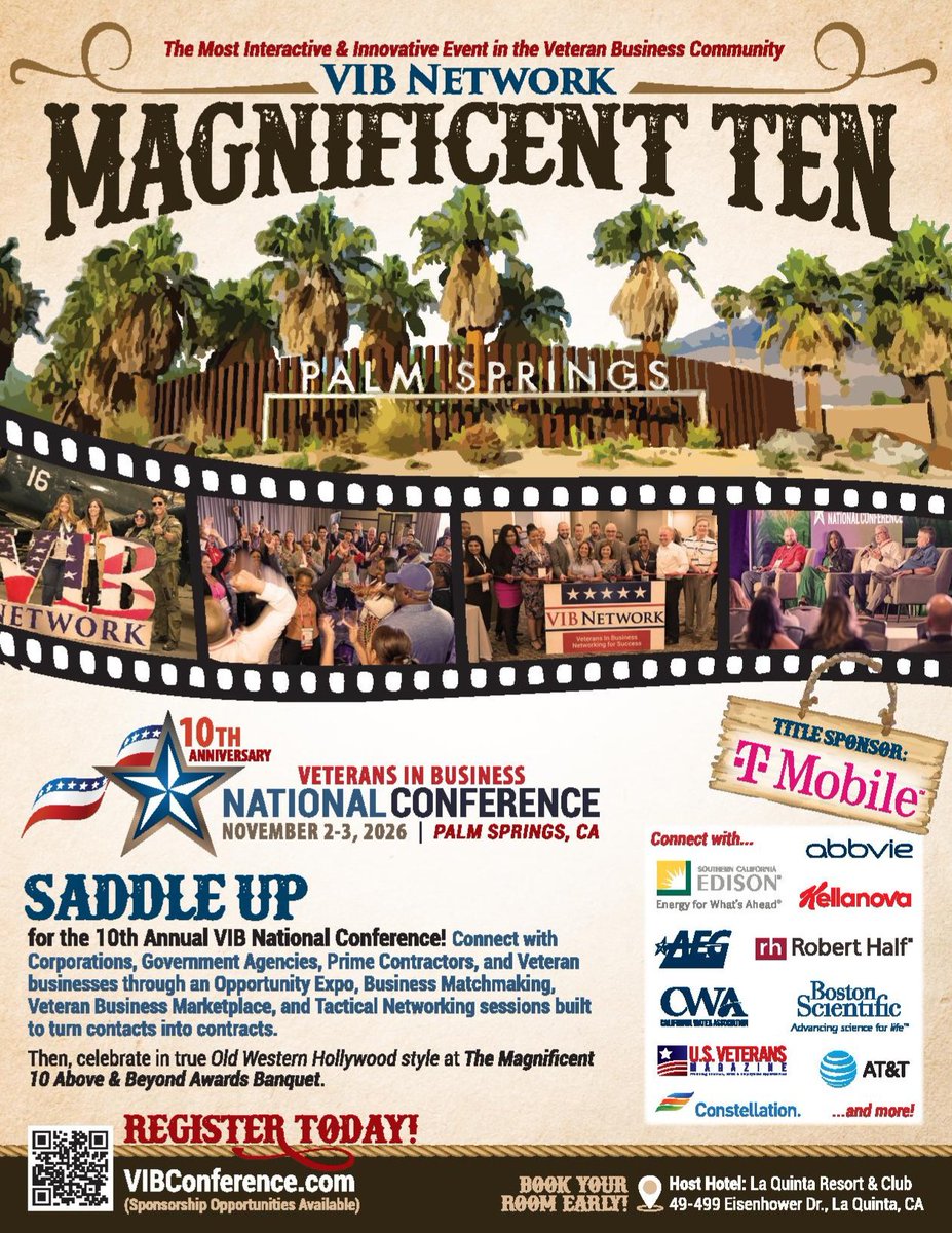 VIBNetwork's tweet photo. Registration is NOW OPEN for the Veterans In Business (VIB) Network 10th Annual National Conference! 🚨

Join us Nov. 2–3, in beautiful Palm Springs, California for two powerful days of networking, business connections, and opportunities

Register today: https://t.co/WIKJHT7pmb https://t.co/HXyAZWJFf3