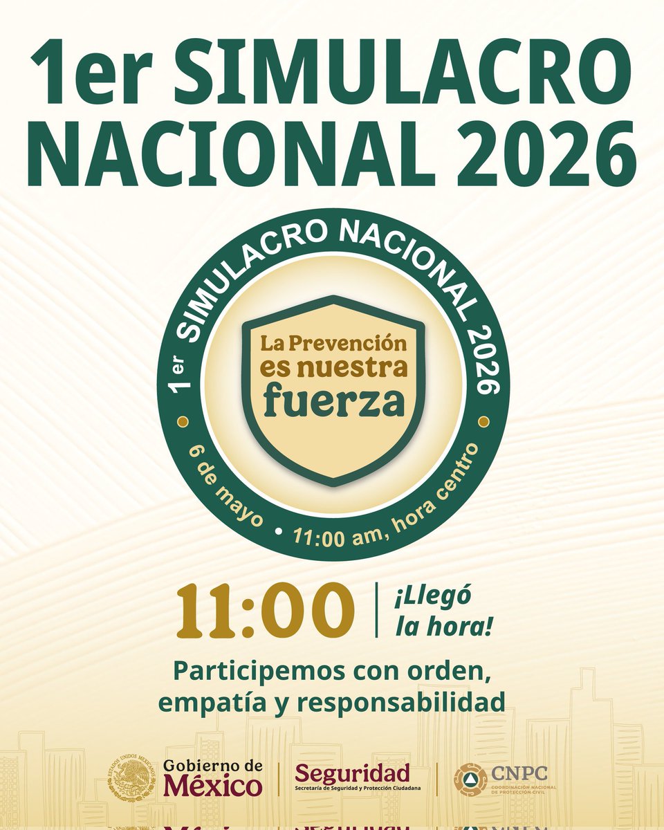 📢 ¡Llegó la hora! Participemos con orden, empatía y responsabilidad en este 1er Simulacro Nacional 2026. 

Hoy a las 11:00 AM demostremos que la prevención es nuestra fuerza. 🕒🙌 

Registra tu inmueble y súmate: simulacronacional.sspc.gob.mx/simulacromayo2… 

#PrimerSimulacroNacional2026