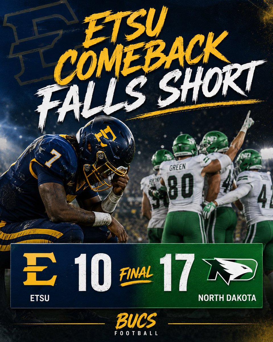 RFCL_UTCMocs's tweet photo. The Comeback falls short for second straight week. ETSU falls 10-17 to North Dakota in another game saw ETSU offense struggle early and find life just a little too late. Coach Slayer “Defense has kept us in both games! Our Qb play needs to be better. Bye week be good to reset.” https://t.co/jiUi0z5STV