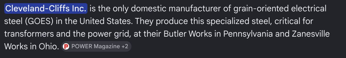 buildingearly's tweet photo. So why $CLF? I have seen tons of posts on X about bottlenecks in the AI cycle, and I believe that $CLF is the next major bottleneck. 

$CLF is a vertically-integrated flat-rolled steel producer. They mostly make steel for cars. Boring, right?

Enter Grain-Oriented Electrical Steel (GOES)- a critical aspect of building a transformer. Without GOES, there is no transformer. The need for transformers is only going to continue growing because of data centers. 

It is safe to say the AI cycle relies on GOES. Now, guess who is the only producer of GOES in the US? $CLF. 

This company is going to be critical for the ever-expanding AI industry, and currently they are being priced as an automotive steel company. I believe they are a massive bottleneck for building data centers and will see massive growth in the future.

NFA