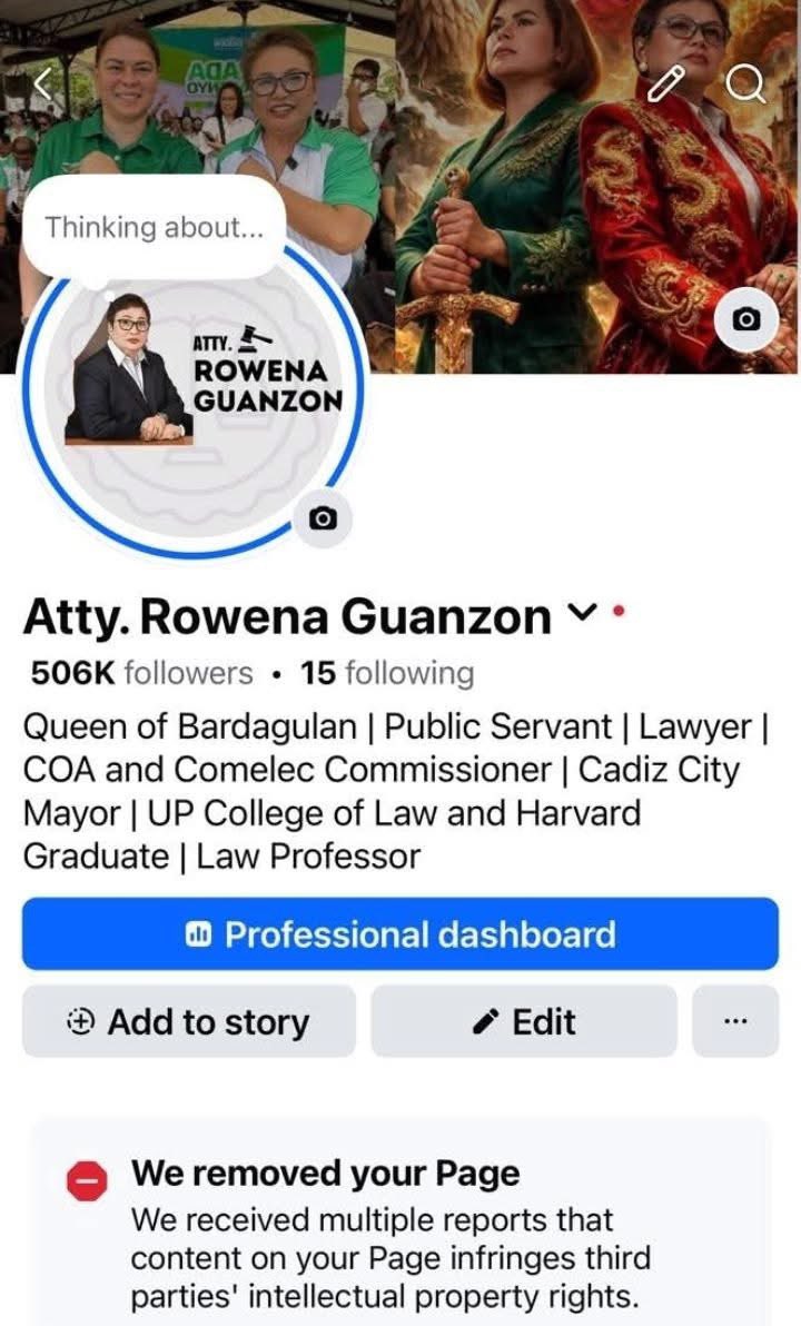 🚨 JUST IN: Rowena Guanzon confirms her FB page with over 500K followers was removed because of numerous violations.

Her first page with over 1M+ followers was also removed last year.

Si Tio Moreno, wala pa din.

When it rains, it pours. Sunod-sunod delubyo, mga DDS! 😂

#Basag