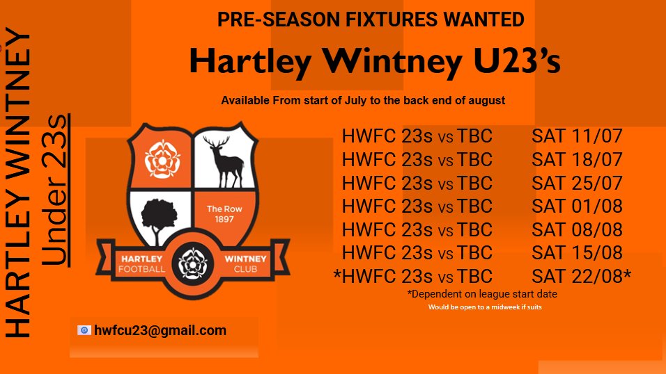 HWFCU23's tweet photo. 🚨 FRIENDLIES WANTED 

 Hartley Wintney U23s  are currently looking for friendly fixtures ahead of the new season.  

If your club is interested, please get in touch via DM or send a email to discuss further. 🤝 https://t.co/f1rSFCn7k5