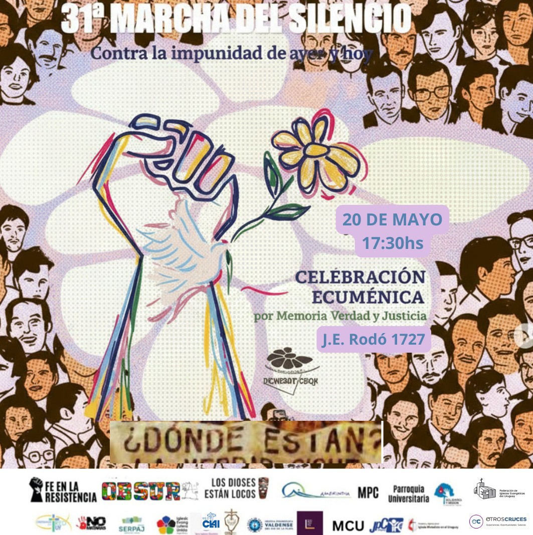 OBSUR3's tweet photo. Celebración Ecuménica por Memoria, Verdad y Justicia
📍 J. E. Rodó 1727
🗓 20 de mayo de 2026 | 🕠 17:30
Desde la vocación cristiana es que apoyamos la convocatoria organizada por el colectivo de Madres y Familiares de Uruguayos Detenidos Desaparecidos. 
#memoriayjusticia https://t.co/M6IBAdKM46