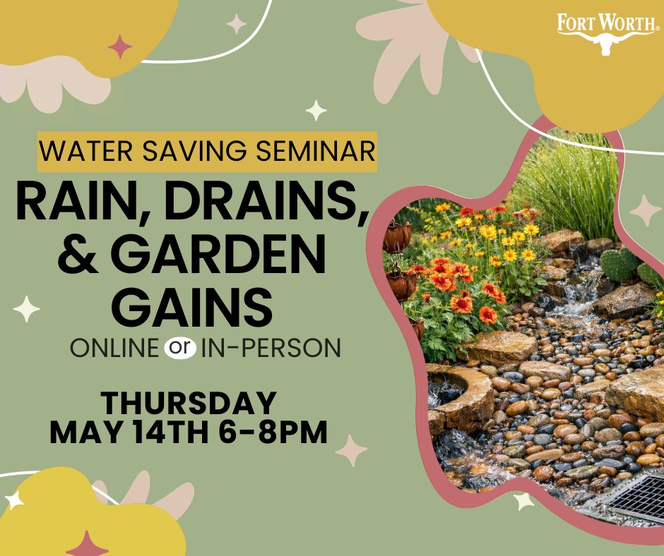 FWWater's tweet photo. Turn rain and runoff into your garden’s best friend.

Learn creative drainage design that actually works at this interactive workshop at the Botanic Research Institute of Texas on 5/14, 6-8 PM.

Register for your FREE tickets here: https://t.co/3fFYyThbj8 https://t.co/PLdAJButiX