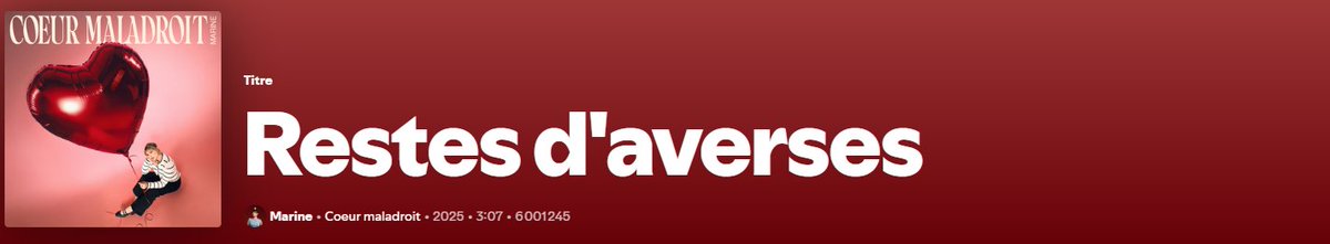 Restes d'averses vient de franchir les 6 millions de streams sur spotify 🥳🥳🎉🎉

Avec la version regretting you,Restes d'averses est à 8 922 837 streams sur Spotify.

On continue à streamer l'incroyable album  : 
marined.lnk.to/coeurmaladroit…

#Marine #MarineDelplace #Restesdaverses