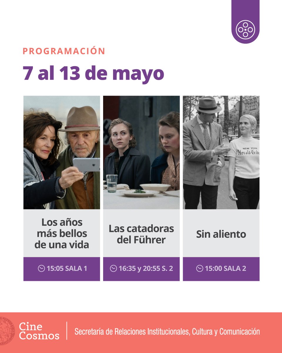 CosmosUBA's tweet photo. 🗓️ ¡Agendá la  #CarteleraCosmosUBA! – del 7 al 13 de mayo! 

📍 Av. Corrientes 2046 
🎟️ Entradas en boletería el mismo día de la función
🎬 ¡Vení al #CosmosUBA! 

📲Mirá toda la info en https://t.co/ss3RqAOBtH https://t.co/DV3nO6KZCy