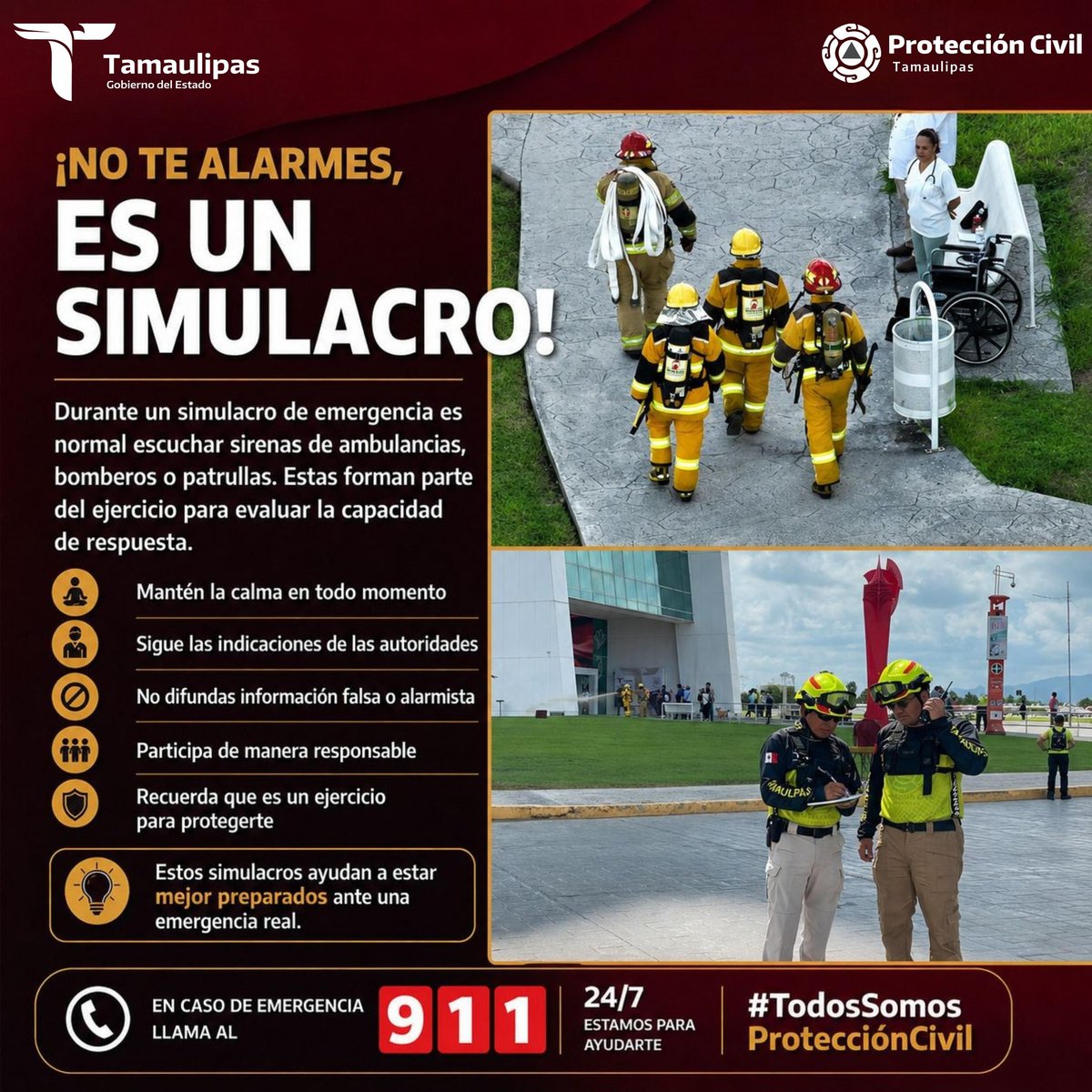 Infumables_las's tweet photo. Protección Civil Tamaulipas informó que este día, a las 11:00 de la mañana, se estará llevando a cabo el Simulacro Nacional 2026 en Tamaulipas.
Durante este ejercicio, unidades de emergencia estarán circulando con luces y sirenas activadas en las principales avenidas https://t.co/85uVcYl4p6