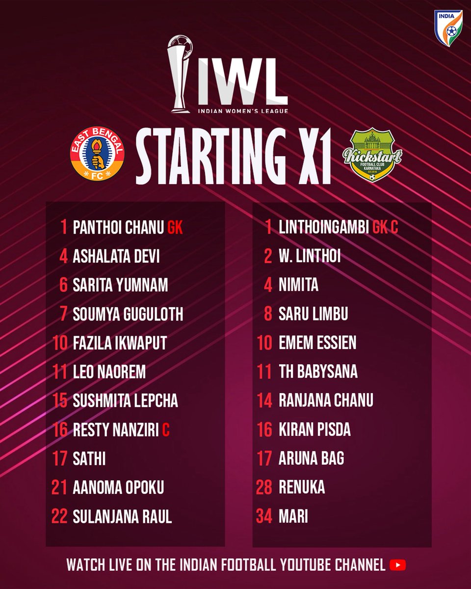 INDWomensLeague's tweet photo. The line-ups for the second match of the day, are out π
#EBKFC #NFASFC #IWL #IndianFootball https://t.co/m9hE8KqiXw