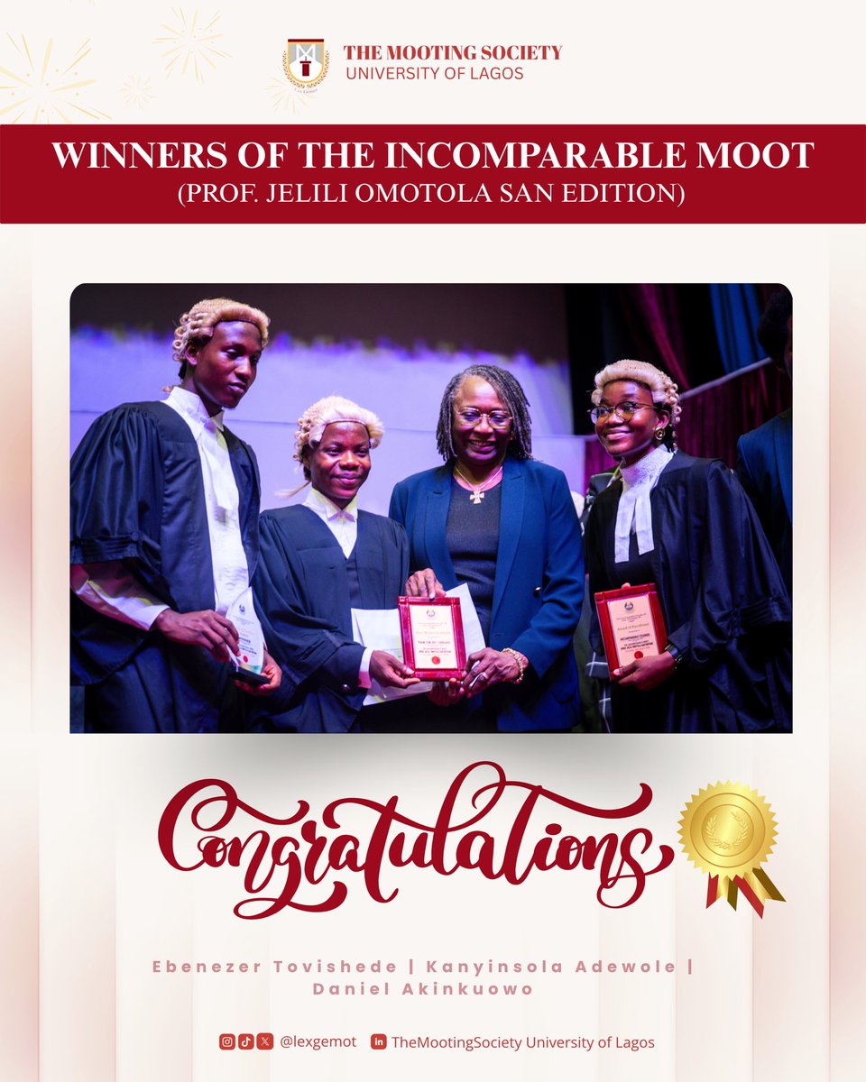 lex_gemot's tweet photo. INCOMPARABLE MOOT IN THE BAG! 🏆

In commemoration of the 20th posthumous anniversary of Prof. Jelili Adebisi Omotola SAN, The Incomparable Moot (Jelili Omotola SAN Edition) was held between University of Lagos and Obafemi Awolowo University. https://t.co/VvUDhK79KC