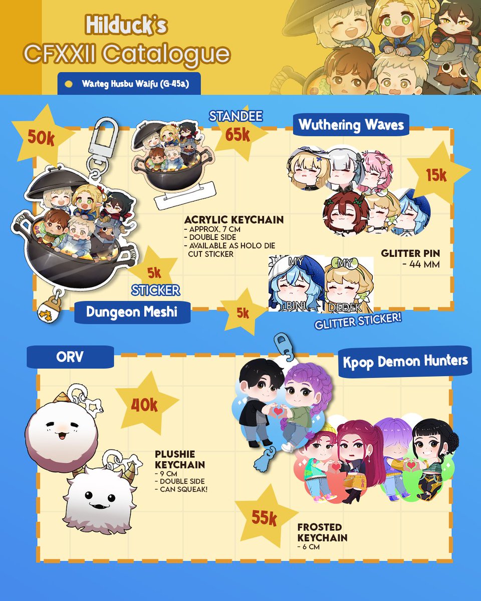 Hilduck_'s tweet photo. KATALOG OTS CF22 + MAIL ORDER ✨
📍Warteg Husbu-Waifu G-45a (Both Days) 
🌷 Dungeon Meshi, ORV, Wuthering Waves, Kpop Demon Hunters, Pokemon
📆 Mail Order open until 31 May 

Open trade cf22 with Cosmic Princess Kaguya Artprint 💓 (accept any fandom!) 

#comifuro #comifuro22 https://t.co/xzZxGUStYf