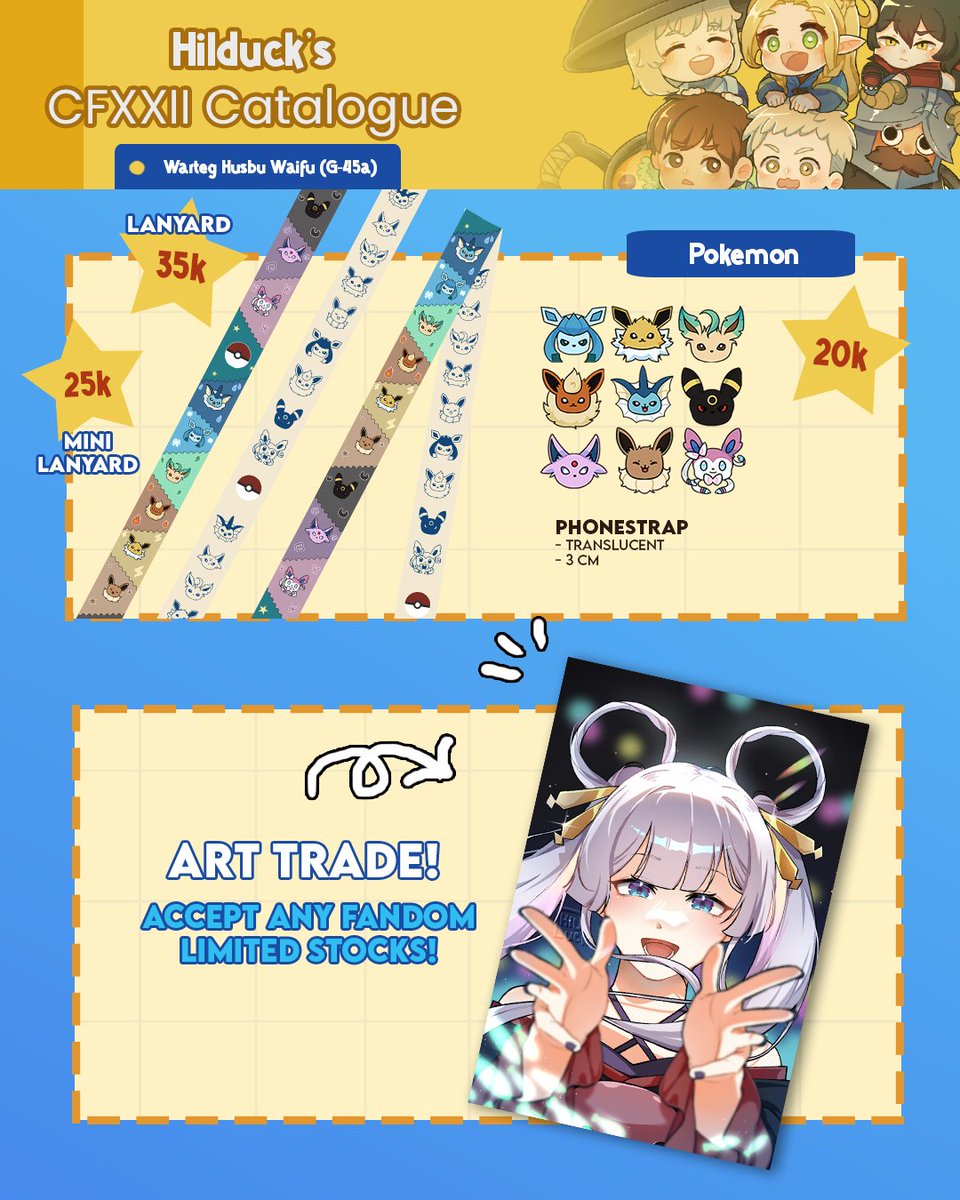Hilduck_'s tweet photo. KATALOG OTS CF22 + MAIL ORDER ✨
📍Warteg Husbu-Waifu G-45a (Both Days) 
🌷 Dungeon Meshi, ORV, Wuthering Waves, Kpop Demon Hunters, Pokemon
📆 Mail Order open until 31 May 

Open trade cf22 with Cosmic Princess Kaguya Artprint 💓 (accept any fandom!) 

#comifuro #comifuro22 https://t.co/xzZxGUStYf