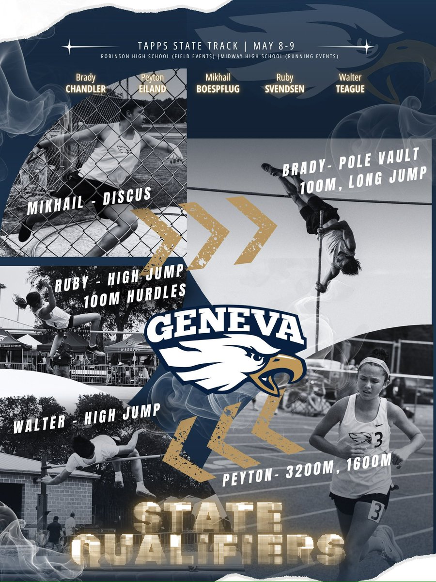 GSB_AthleticsTX's tweet photo. STATE WEEK 🦅🔥

Geneva Track &amp; Field is headed to Waco for the TAPPS State Meet with Eagles competing across multiple events against the best in the state.

May 8th-9th https://t.co/Lp4elnMskd