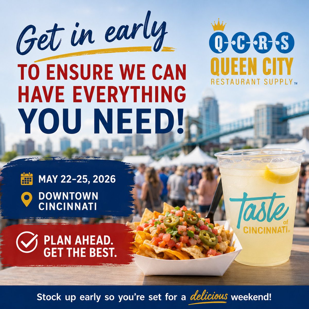 QCRS_Cincinnati's tweet photo. 🚨 Cincinnati Vendors — Don’t Wait! 🚨

Taste of Cincinnati is right around the corner (May 22–25), and demand for disposables is going to be *huge*.

📦 Stock up early. Stay ready. Sell more.

Reach out today and let us help you prep for a successful Taste weekend!

#QCRS https://t.co/fmaCkiGgkl