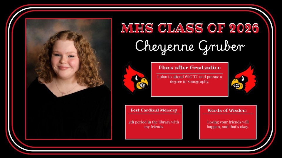 MHSCards1's tweet photo. Celebrating the achievements, memories, and contributions of the Mayfield High School Class of 2026!

2026 Cardinals Senior Spotlight!
🎓Lilly Cox
🎓Taylor Coyle
🎓Cheyenne Gruber https://t.co/HIx363S04v