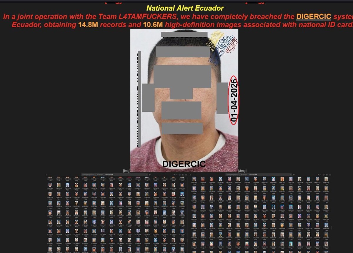 🆕#AlertaDigitalEC 
Se denuncia filtración de 15 mll de registros y 11 mll de imágenes de <a href="/RegistroCivilec/">Registro Civil Ecuador 🇪🇨</a>

⚠️<a href="/VECERTRadar/">VECERT Analyzer</a> indica que la base corresponderían a <a href="/Salud_Ec/">Ministerio de Salud Pública 🇪🇨</a> por la estructura de campos y obtenida por scraping x.com/VECERTRadar/st…

🚨Foto de muestra indica 2026