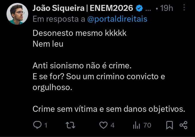 portaldireitais's tweet photo. Derrubamos a conta dele, e haverá mais, ele será processado criminalmente. Esse é o destino de cada maldito criminoso antissemita que cruzar o nosso caminho: calado e condenado.

O bosta do Siqueira é o padrão que vemos aqui no Twitter, salvo exceções. O católico antissemita que nunca leu a Bíblia, fala besteira o dia inteiro, propaga antissemitismo e ainda se diz ORGULHOSO. RACISMO É CRIME! Você pagará pelos seus atos conforme o peso do Código Penal brasileiro.

Agradeço a todos pelo suporte jurídico, pelo apoio à nossa causa e por todo o carinho dos não judeus que entendem judeus como humanos, e não como demônios.

Menos um bosta.