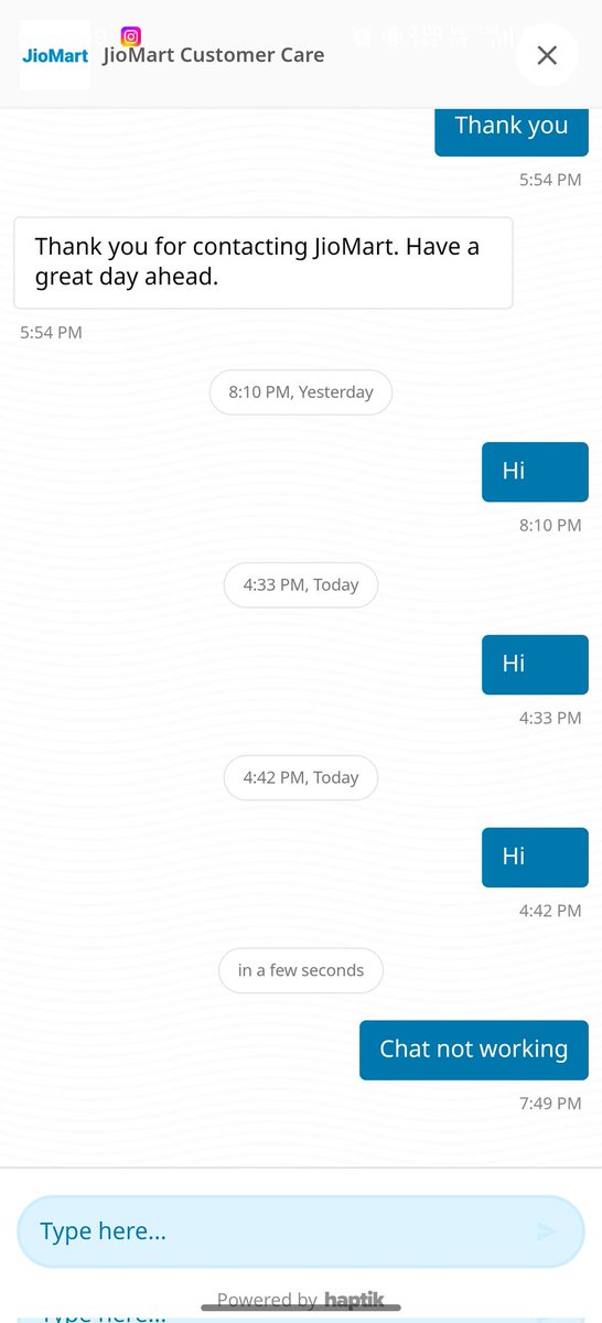 RajCT's tweet photo. @JioMart_Support @reliancejio @JioCare In app cs chat isn't working since yesterday, not able to raise any request. https://t.co/SIQZpOJgCW