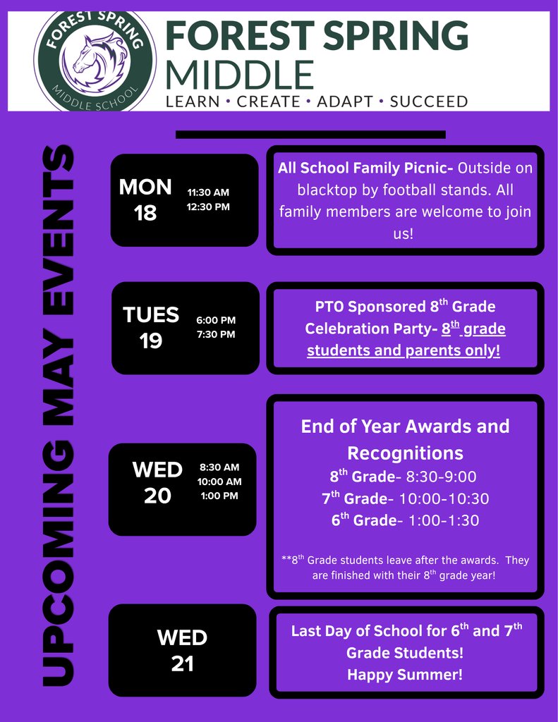 FSMSChargers's tweet photo. FSMS family, please check out our May end of year events!!  We are so excited to celebrate another successful school year!! https://t.co/qKko1s49vR