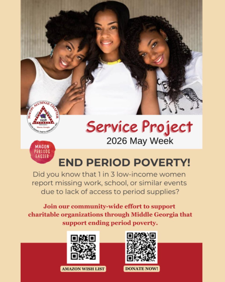 MaconAlumnaeDST's tweet photo. Day 5 of #MayWeek is all about ACTION!  We’re tackling Period Poverty in Middle GA through the lens of Health, Economics, &amp; Social Justice.
​Help us stock the shelves of local service orgs:

Amazon: https://t.co/ymq3ubQa9A

Donations:  
https://t.co/IXa8IowNhG

#MACnificent https://t.co/JHTNhTDU5u