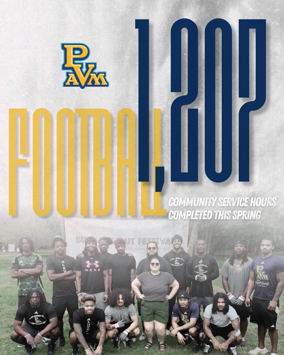 pvamufb_'s tweet photo. More than football.

This spring, PVAMU Football completed 1,207 community service hours — serving with purpose, humility, and love.

“Serve one another humbly in love.”
Galatians 5:13

Building men. Serving others. Representing The Hill.

#PVAMUFootball #TheHill #FTF https://t.co/y7kC1R1kHK