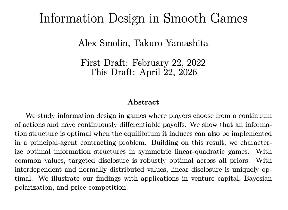 EconTheory's tweet photo. How should information be disclosed to strategic players? The paper develops a tractable framework and shows that optimal policies are often simple: targeted or linear disclosure. Applications include VC, belief polarization, and price competition https://t.co/DbuWFq8FBP https://t.co/EUSBdSQO7S