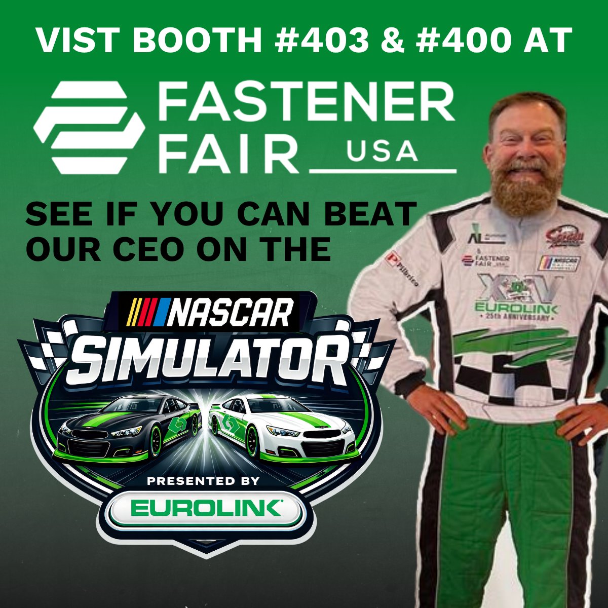 EurolinkFSS's tweet photo. It's the last day for you to try to beat our CEO, Craig Penland, on the NASCAR simulator we brought with us to @FastenerFairUSA in Charlotte! 🏁🏎️
Stop by booths #403 &amp; #400 before the Expo ends! 

#FastenerFairUSA #Eurolink #MetricFasteners #FastenerIndustry #FastenerNews https://t.co/t0YPlWZER3