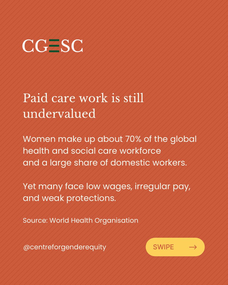 Forgenderequity's tweet photo. Women carry most unpaid care work globally, from childcare to elder care and domestic labour. Yet this work is rarely recognised in policies or budgets.

#ValueCareWork https://t.co/bDUlFjpv23