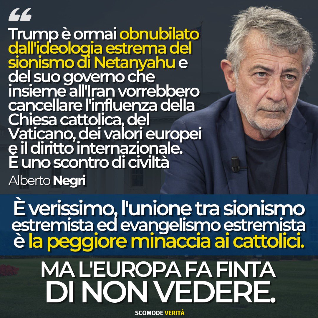 È in atto uno scontro di civiltà come scrive Negri. E per gli estremisti evangelici il miglior alleato è il sionismo estremista e terrorista. Leggete qui 👉 alessandrodibattista.substack.com/p/cosa-nascond… e iscrivetevi al mio canale Substack